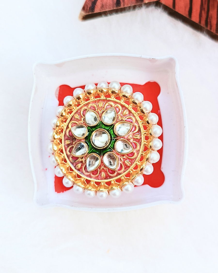 Round Kundan Finger Ring (Orange)