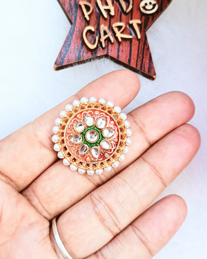 Round Kundan Finger Ring (Orange)
