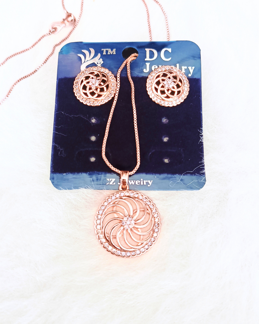 Round Rosegold Daimond Pendant Chain With Earring