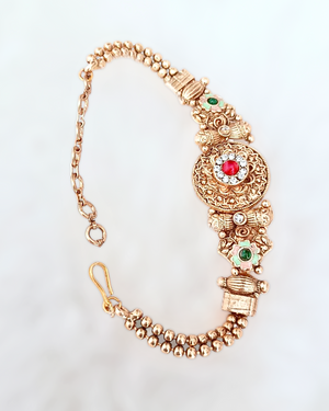 Pink Stone Round Pendant Rajwadi Golden Bracelet