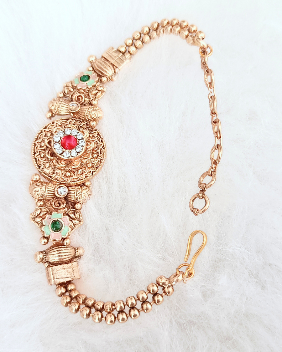 Pink Stone Round Pendant Rajwadi Golden Bracelet