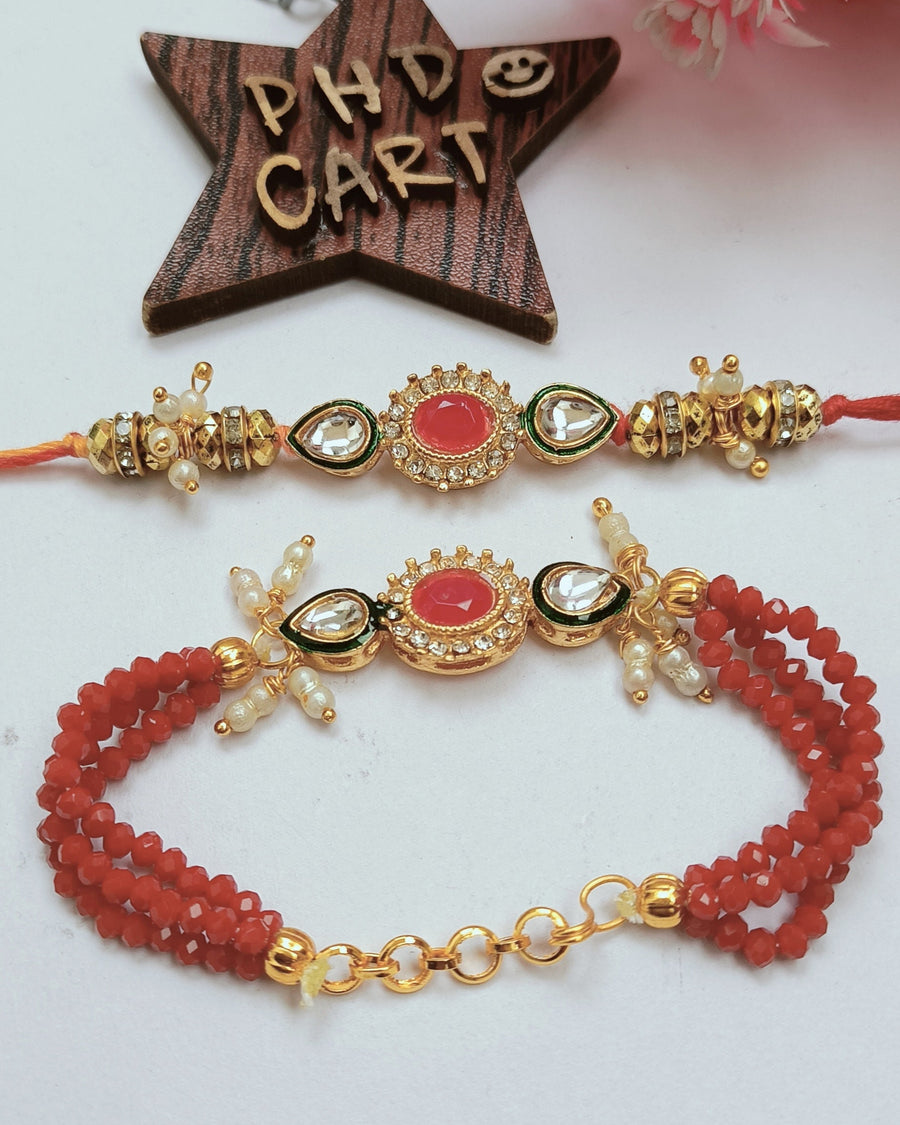 Kundan Couple Rakhi Red Crystal Beads