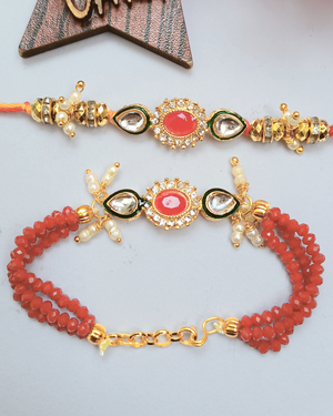 Kundan Couple Rakhi Red Crystal Beads