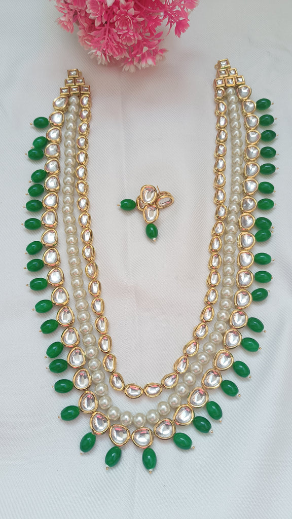 3 Layer Long Kundan Set With Green Beads