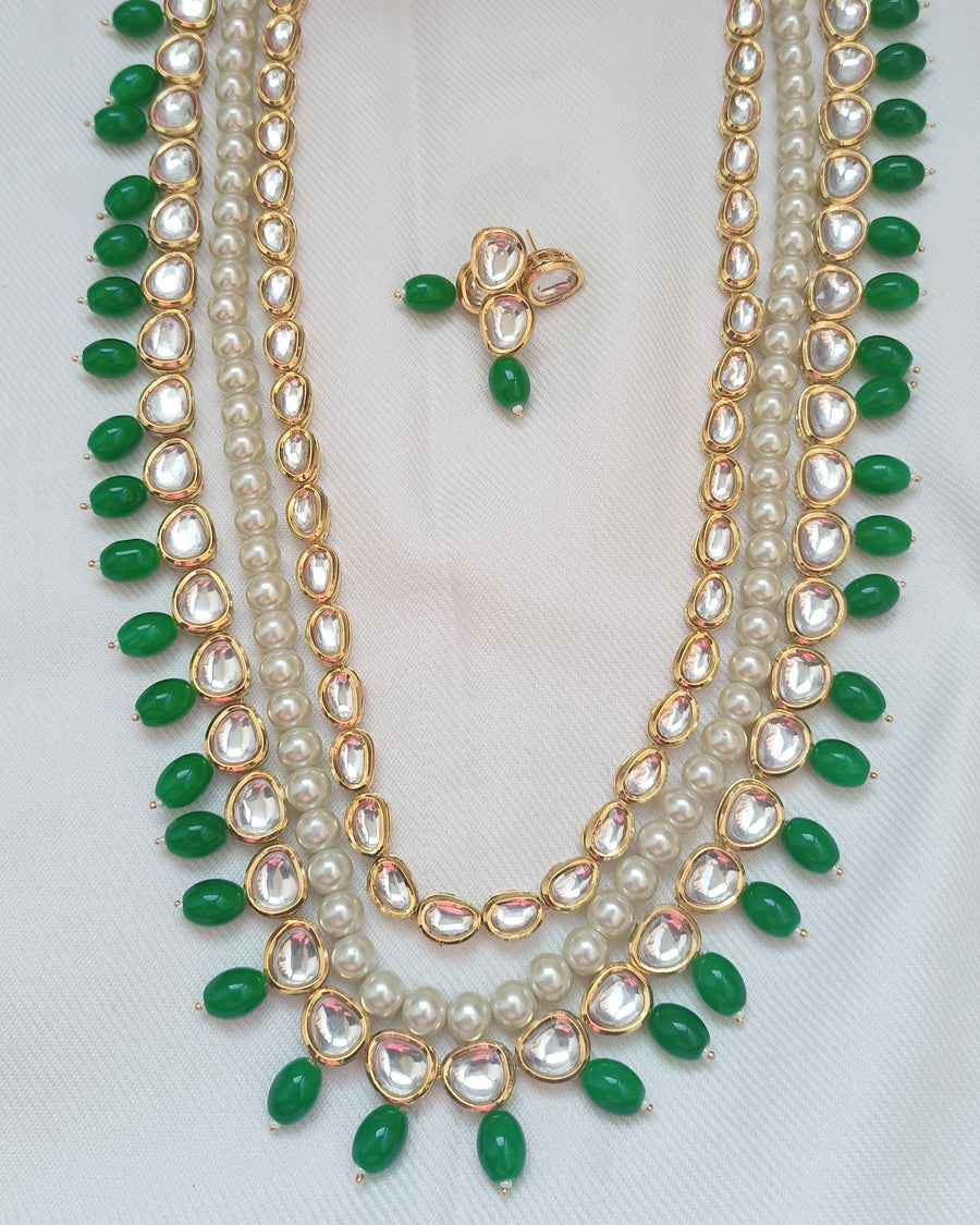 3 Layer Long Kundan Set With Green Beads