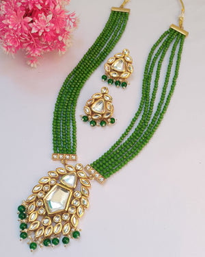 Green Crystal Beaded Long  Kundan Necklace