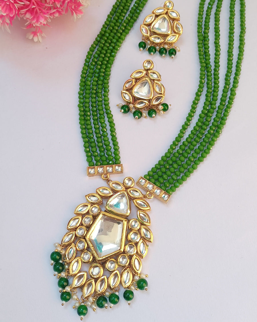 Green Crystal Beaded Long  Kundan Necklace