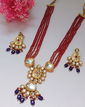 Long Kundan Set In 5 Layer Marun Crystal