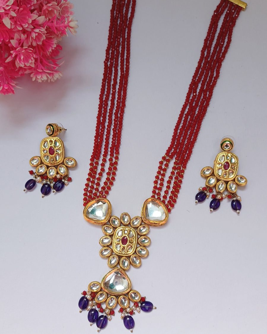Long Kundan Set In 5 Layer Marun Crystal