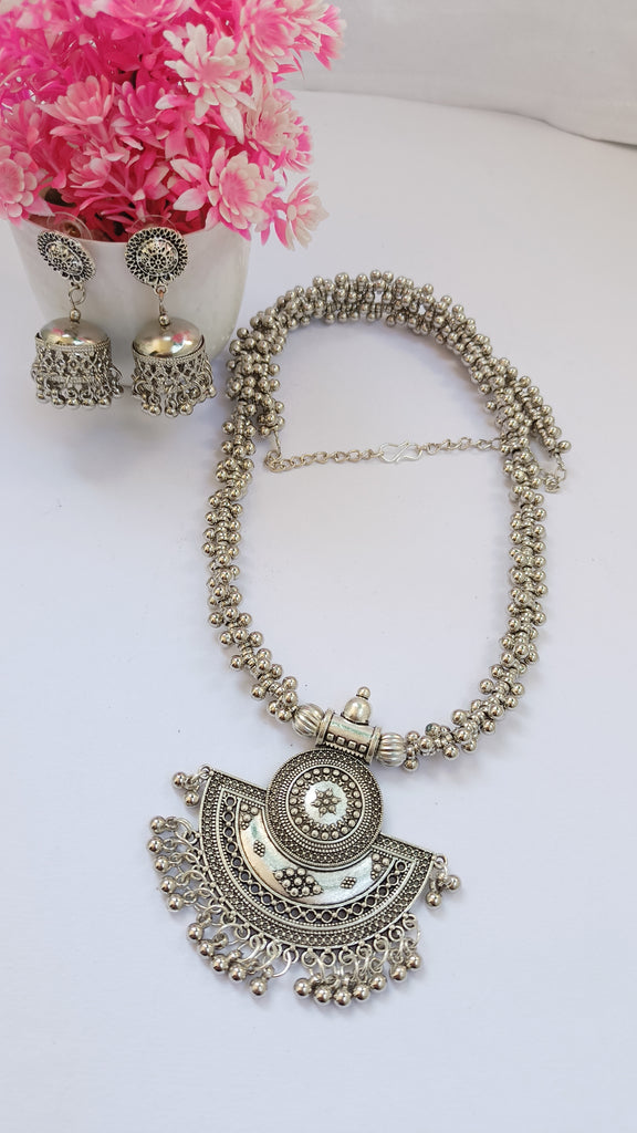 Long Half Circle Silver Oxidised Pendant Set