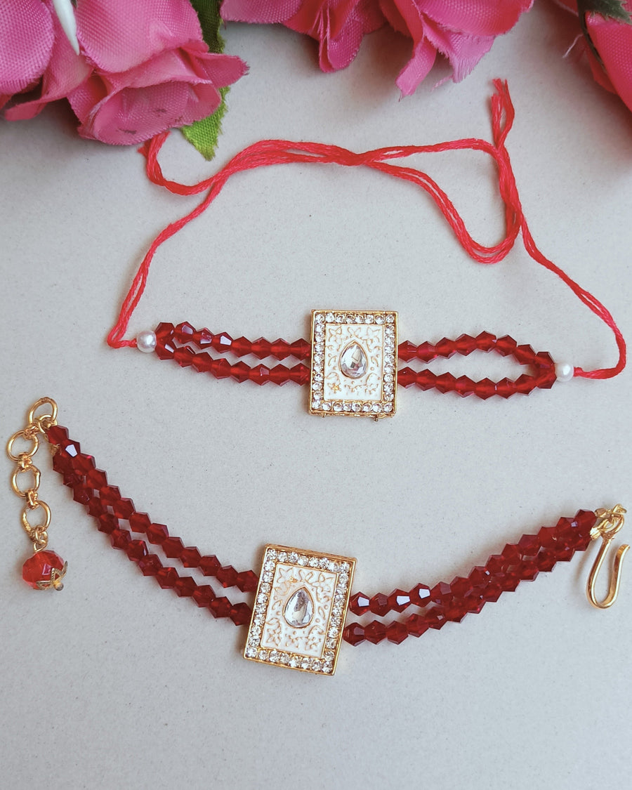 Red Crystal Beads Kundan Couple Rakhi