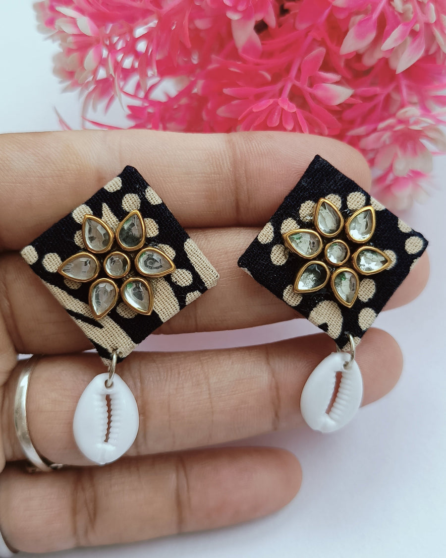 Nevy Blue Fabric Earring With Cowrie (Square)