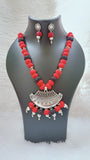 Red Black Cotton Set In Silver Pendant