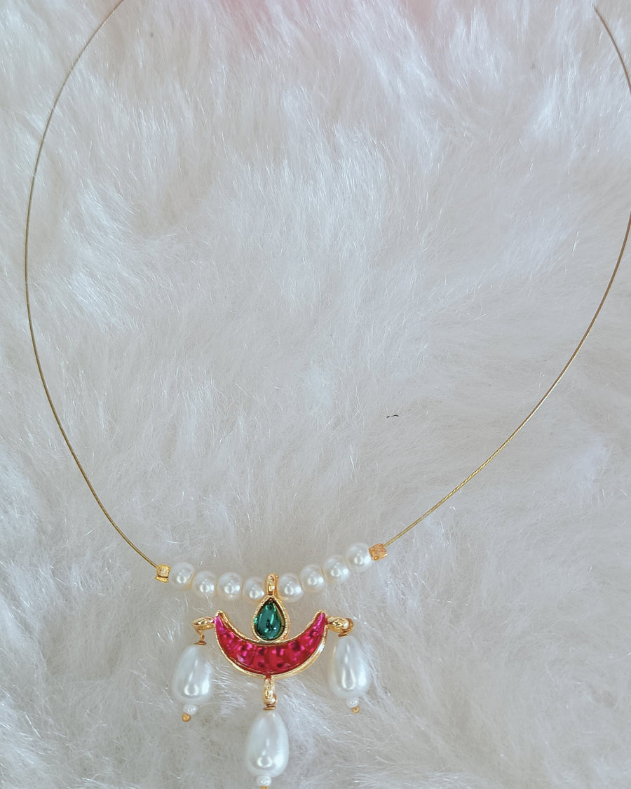 Invisible Chain Pink Green Pendant Pearl