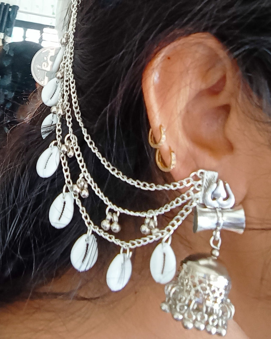 Silver And White Couri Sell 3 Layer Earring Chain