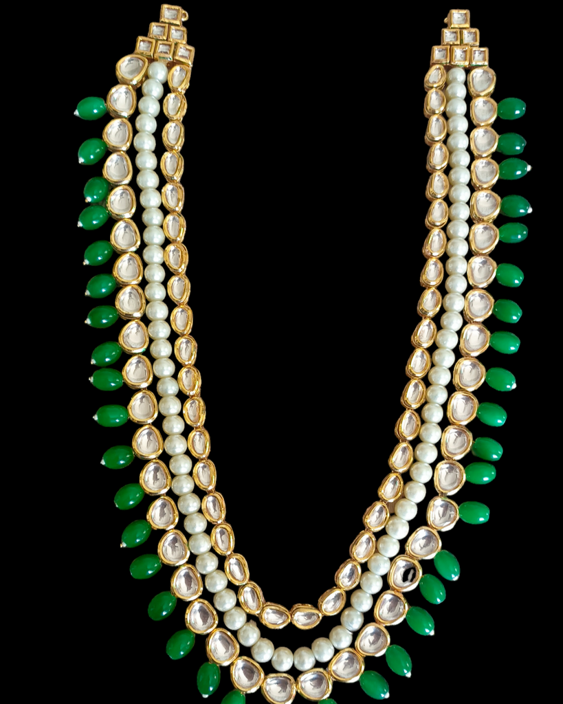 3 Layer Long Kundan Set With Green Beads