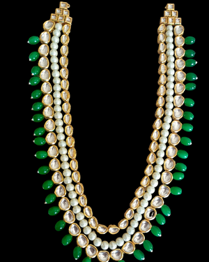 3 Layer Long Kundan Set With Green Beads
